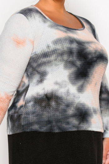 BRUSHED TIE DYE WAFFLE SQUARE NECK LONG SLEEVE CURVE