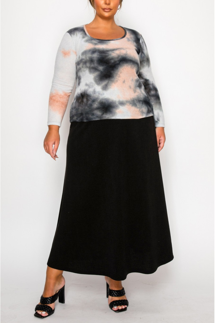 BRUSHED TIE DYE WAFFLE SQUARE NECK LONG SLEEVE CURVE