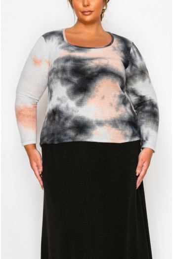 BRUSHED TIE DYE WAFFLE SQUARE NECK LONG SLEEVE CURVE