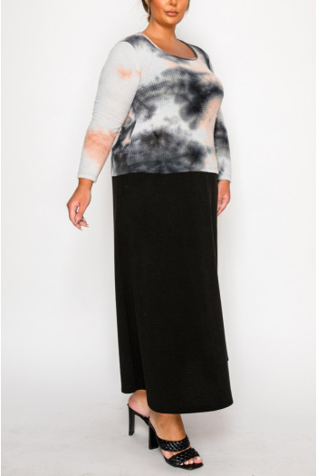 BRUSHED TIE DYE WAFFLE SQUARE NECK LONG SLEEVE CURVE