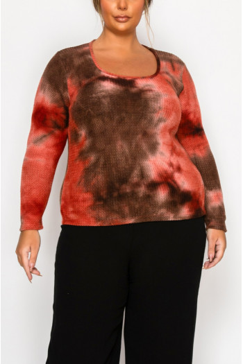 BRUSHED TIE DYE WAFFLE SQUARE NECK LONG SLEEVE CURVE