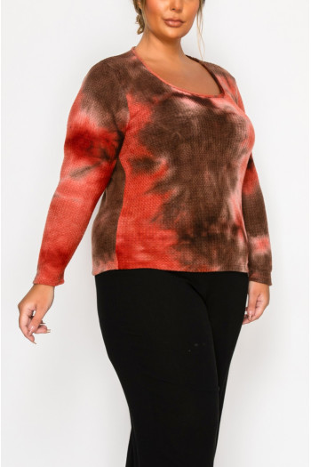 BRUSHED TIE DYE WAFFLE SQUARE NECK LONG SLEEVE CURVE