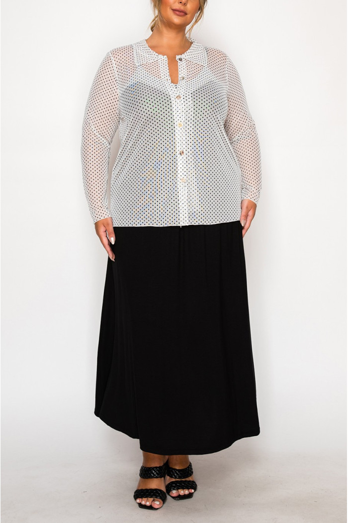 DOT MESH BUTTON FRONT LONG SLEEVE SHIRT CURVE