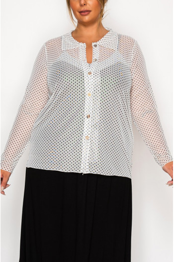 DOT MESH BUTTON FRONT LONG SLEEVE SHIRT CURVE