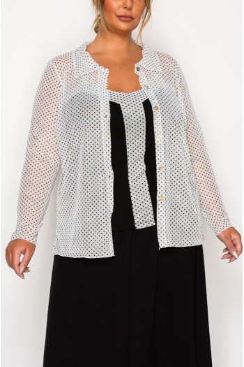 DOT MESH BUTTON FRONT LONG SLEEVE SHIRT CURVE