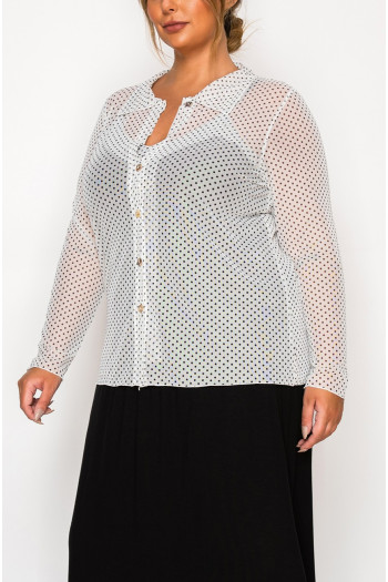 DOT MESH BUTTON FRONT LONG SLEEVE SHIRT CURVE